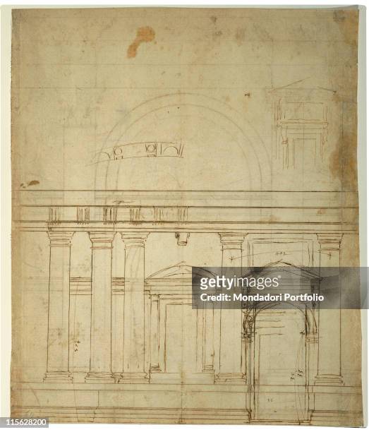 Italy, Tuscany, Florence, Uffizi Gallery, Drawings and Prints Cabinet. Verso drawing ambulatories columns entablature.
