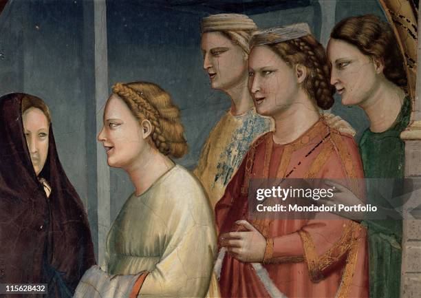 Italy, Veneto, Padua, Scrovegni Chapel. Detail. Women in the suite; retinue green red yellow brown hues; tones black dark blue background hairstyles...