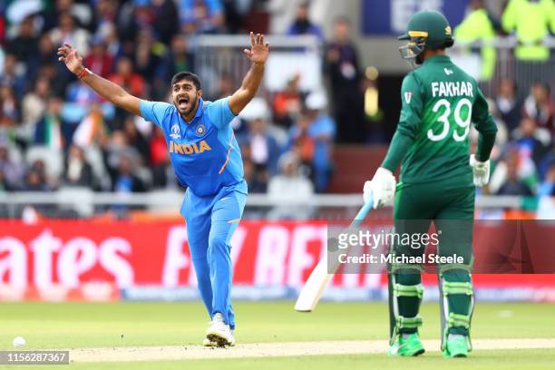 Vijay Shankar of India appeals successfully for the wicket of Imam ul Haq of Pakistan during the Group Stage match of the ICC Cricket World Cup 2019...