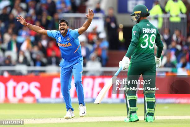 Vijay Shankar of India appeals successfully for the wicket of Imam ul Haq of Pakistan during the Group Stage match of the ICC Cricket World Cup 2019...