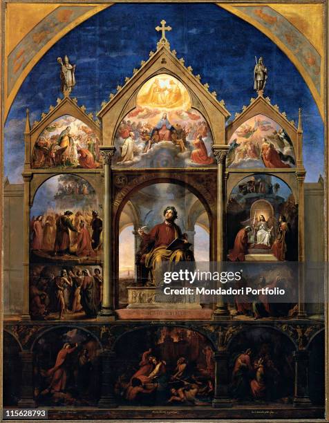 Italy, Tuscany, Florence, Gallery of Modern Art, Palazzo Pitti. Whole artwork. Dante Beatrix Virgil angels devils polyptych cymatiums; mouldings...