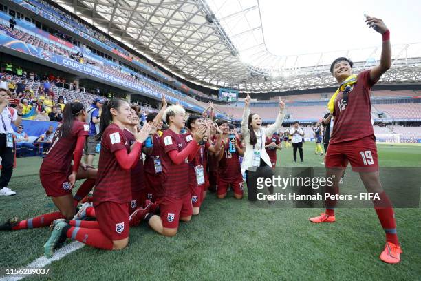 The Thailand players take a selfie after the 2019 FIFA Women's World Cup France group F match between Sweden and Thailand at Stade de Nice on June...