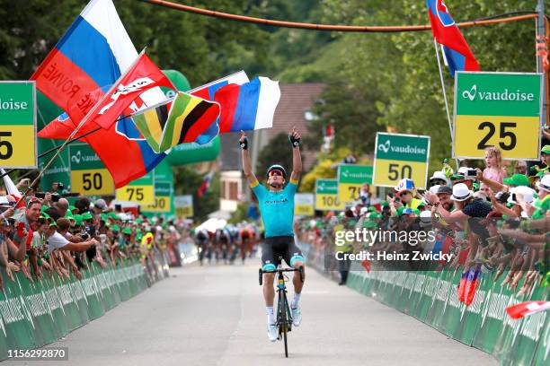 Arrival / Luis Leon Sanchez of Spain and Astana Pro Team / Celebration / Public / Fans / during the 83rd Tour of Switzerland, Stage 2 a 159,6km stage...