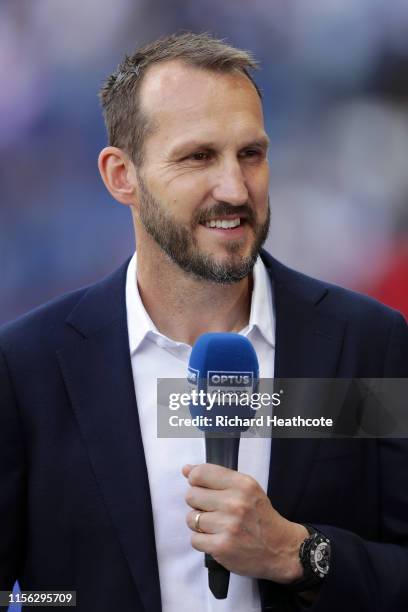 Former footballer Mark Schwarzer is interviewed prior to the 2019 FIFA Women's World Cup France group F match between USA and Chile at Parc des...