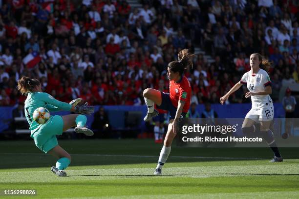Carla Guerrero of Chile scores a goal past Alyssa Naeher of the USA which is then disallowed during the 2019 FIFA Women's World Cup France group F...