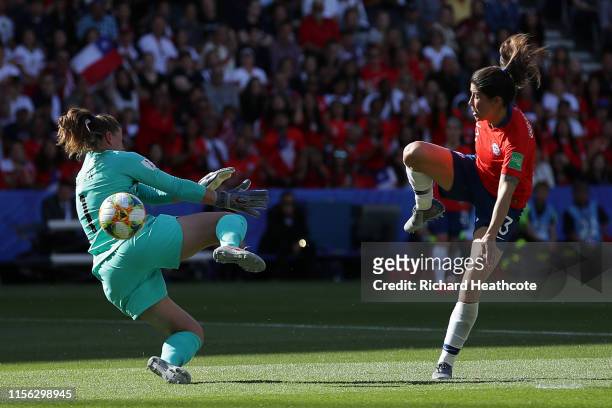 Carla Guerrero of Chile scores a goal past Alyssa Naeher of the USA which is then disallowed during the 2019 FIFA Women's World Cup France group F...