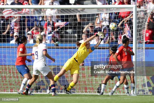 Claudia Endler of Chile fails to save from Julie Ertz of the USA as Julie Ertz scores her team's second goal during the 2019 FIFA Women's World Cup...