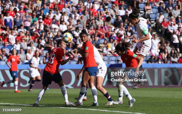 Carli Lloyd of the USA scores her team's third goal during the 2019 FIFA Women's World Cup France group F match between USA and Chile at Parc des...