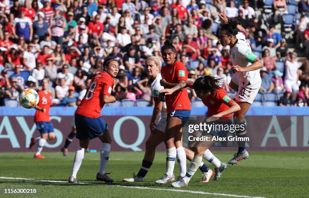 Carli Lloyd of the USA scores her team's third goal during the 2019 FIFA Women's World Cup France group F match between USA and Chile at Parc des...