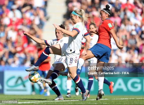 Carli Lloyd of the USA scores her team's first goal during the 2019 FIFA Women's World Cup France group F match between USA and Chile at Parc des...