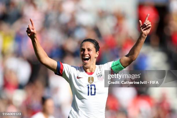 Carli Lloyd of the USA celebrates after scoring her team's first goal during the 2019 FIFA Women's World Cup France group F match between USA and...