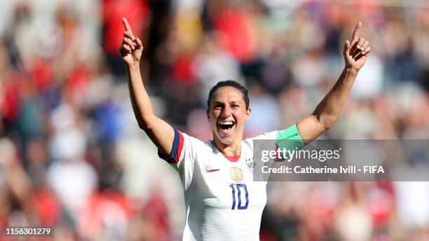 Carli Lloyd of the USA celebrates after scoring her team's first goal during the 2019 FIFA Women's World Cup France group F match between USA and...