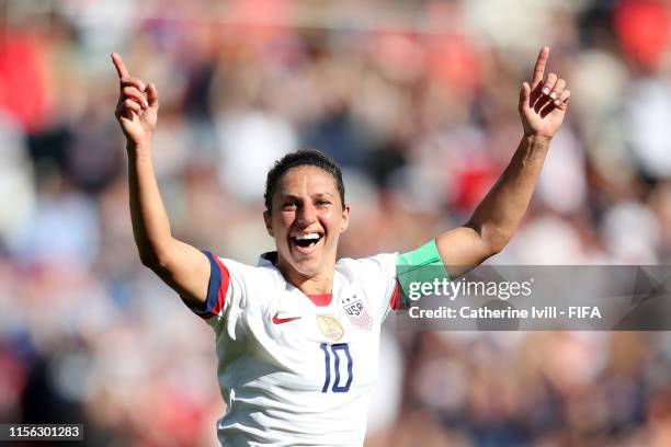 Carli Lloyd of the USA celebrates after scoring her team's first goal during the 2019 FIFA Women's World Cup France group F match between USA and...
