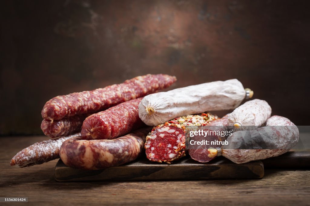 Various kind types of salami and sausages