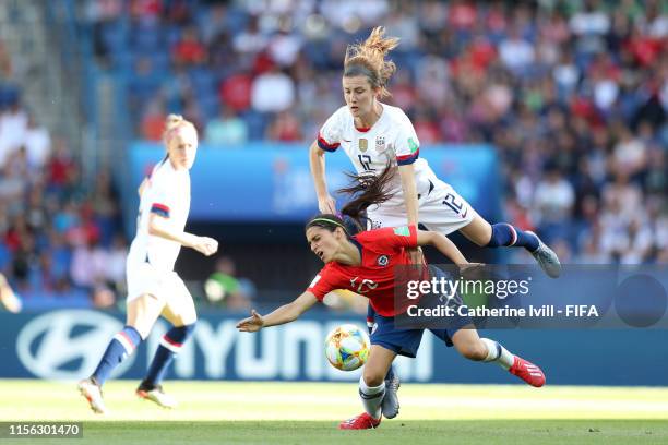 Daniela Zamora of Chile is challenged by Tierna Davidson of the USA during the 2019 FIFA Women's World Cup France group F match between USA and Chile...
