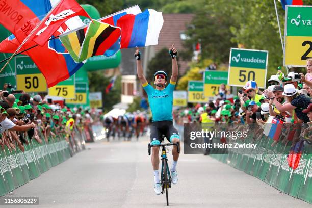 Arrival / Luis Leon Sanchez of Spain and Astana Pro Team / Celebration / Public / Fans / during the 83rd Tour of Switzerland, Stage 2 a 159,6km stage...