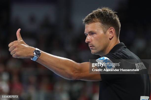 Christian Prokop, head coach of Germany reacts during the EHF EURO 2020 Qualifier match between Germany and Kosovo at Arena Nuernberg on June 16,...