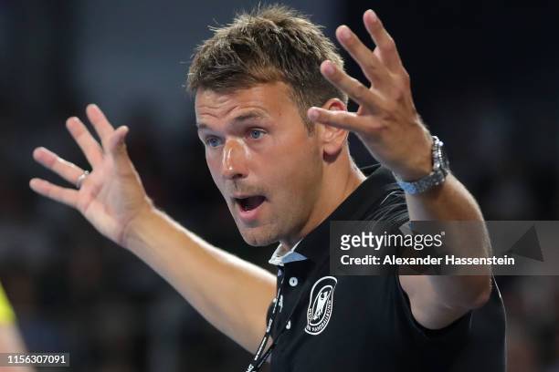 Christian Prokop, head coach of Germany reacts during the EHF EURO 2020 Qualifier match between Germany and Kosovo at Arena Nuernberg on June 16,...
