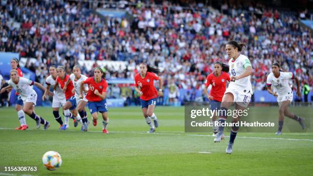 Carli Lloyd of the USA misses a penalty during the 2019 FIFA Women's World Cup France group F match between USA and Chile at Parc des Princes on June...