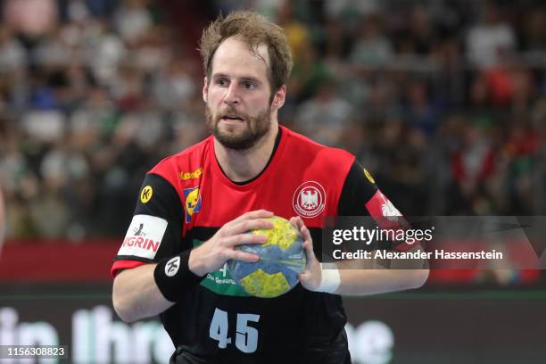 Nico Buedel of Germany fights for the ball during the EHF EURO 2020 Qualifier match between Germany and Kosovo at Arena Nuernberg on June 16, 2019 in...