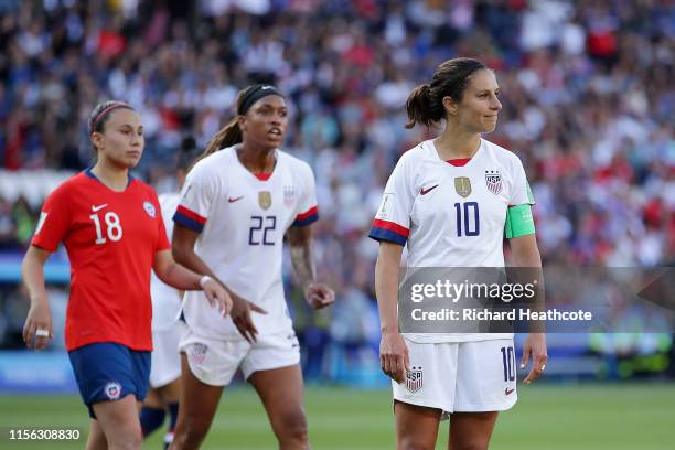 Carli Lloyd of the USA reacts after missing a penalty during the 2019 FIFA Women's World Cup France group F match between USA and Chile at Parc des...