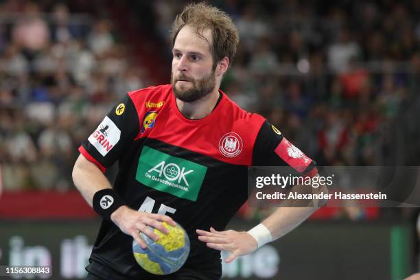 Nico Buedel of Germany fights for the ball during the EHF EURO 2020 Qualifier match between Germany and Kosovo at Arena Nuernberg on June 16, 2019 in...