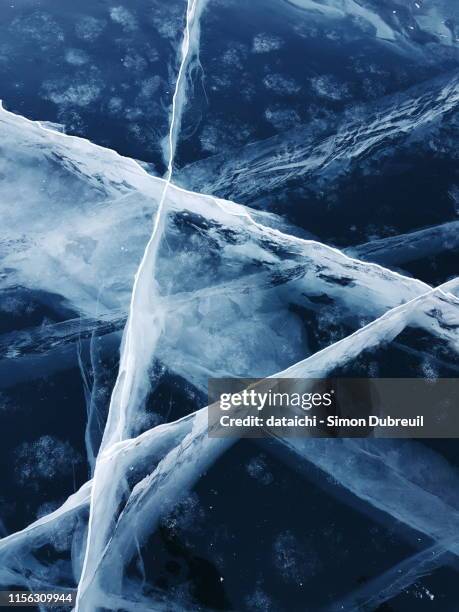 deep cracks on the ice of lake baikal in winter - lake baikal stockfoto's en -beelden