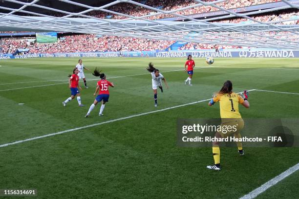 Claudia Endler of Chile makes a save during the 2019 FIFA Women's World Cup France group F match between USA and Chile at Parc des Princes on June...