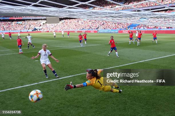 Claudia Endler of Chile makes a save during the 2019 FIFA Women's World Cup France group F match between USA and Chile at Parc des Princes on June...