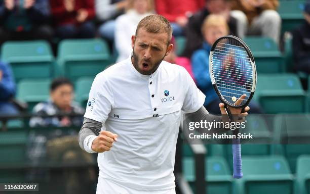 Daniel Evans of Great Britain reacts in the final match against Evgeny Donskoy of Russia during day seven of the Nature Valley Open at Nottingham...