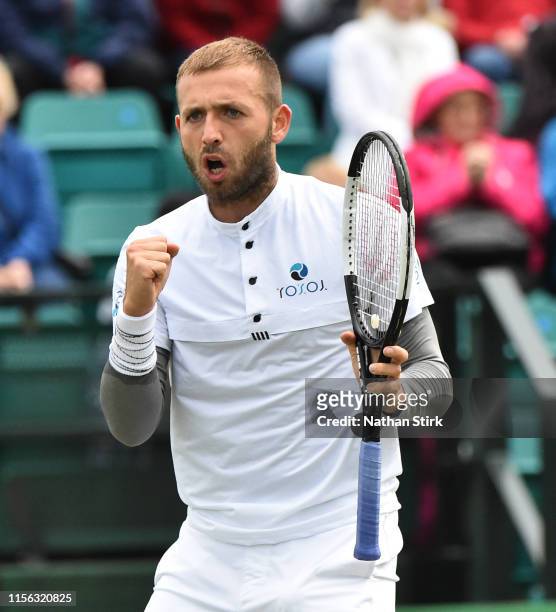Daniel Evans of Great Britain reacts in the final match against Evgeny Donskoy of Russia during day seven of the Nature Valley Open at Nottingham...