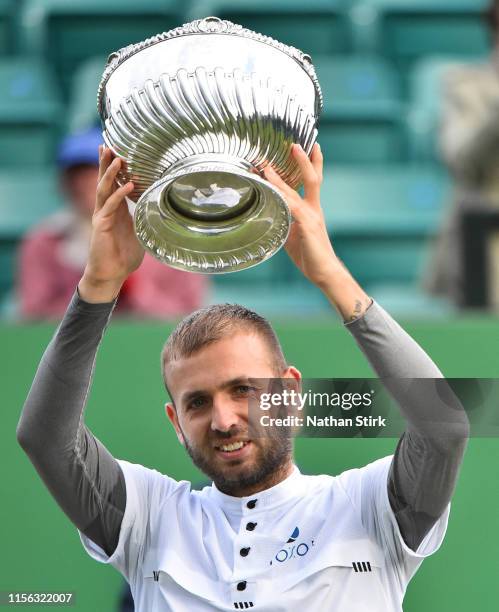 Daniel Evans of Great Britain reacts as he wins the final mens match against Evgeny Donskoy of Russia during day seven of the Nature Valley Open at...