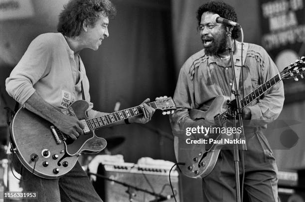 American Blues musician Elvin Bishop and Son Seals plays guitar as they perform onstage at the Petrillo Bandshell, Chicago, Illinois, June 14, 1991.