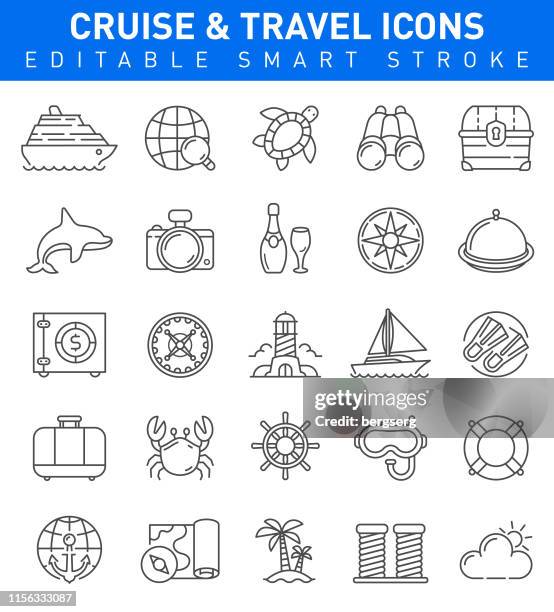 cruise and nautical travel icons. editable stroke - tugboat stock illustrations