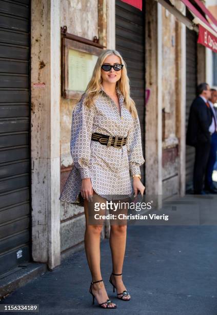 Valentina Ferragni is seen wearing dress with print outside Etro during the Milan Men's Fashion Week Spring/Summer 2020 on June 16, 2019 in Milan,...