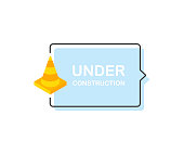 Under construction sign with road cones. Modern flat style vector illustration