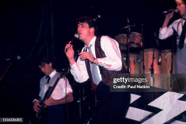 English New Wave singer Tony Hadley , of the group Spandau Ballet, performs onstage at the Shubert Theatre, Chicago, Illinois, December 1, 1983....