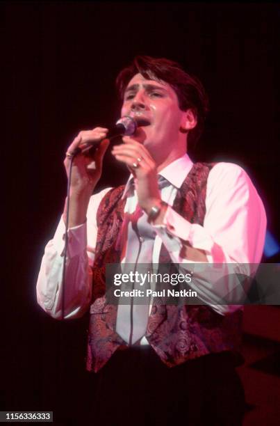 English New Wave singer Tony Hadley, of the group Spandau Ballet, performs onstage at the Shubert Theatre, Chicago, Illinois, December 1, 1983.