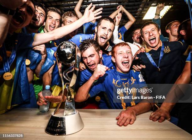 Players of Ukraine celebrate inside their dressing room following their victory in the 2019 FIFA U-20 World Cup Final between Ukraine and Korea...