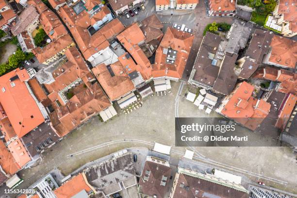 aerial view of the piazza grande in locarno, switzerland - locarno stockfoto's en -beelden