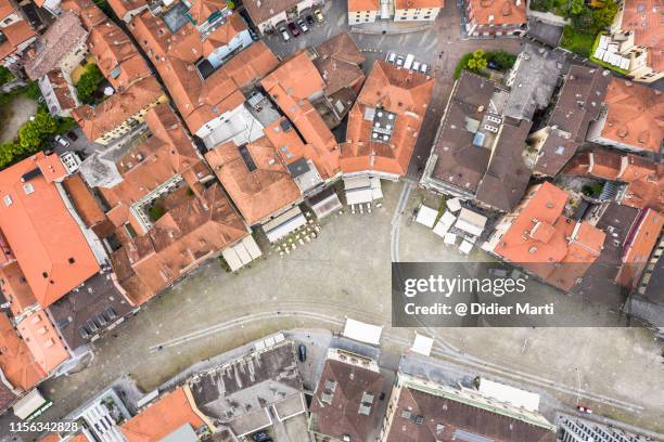 aerial view of the piazza grande in locarno, switzerland - locarno stock pictures, royalty-free photos & images