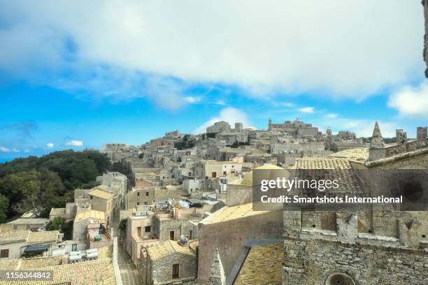 high angle view cityscape of the medieval old town of erice in sicily, italy - erice imagens e fotografias de stock