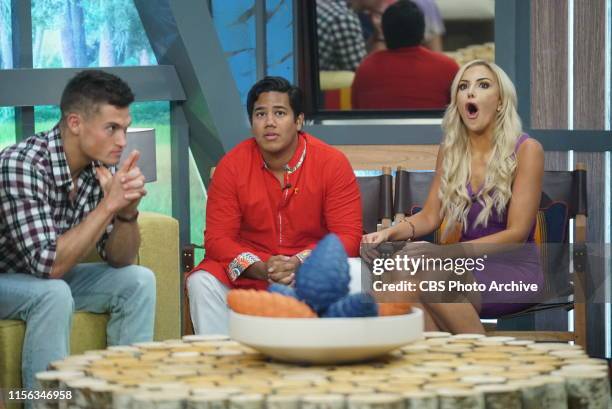 Jackson Michie, Ovi Kabir and Kathryn Dunn as they hear about the latest twist on the first live show of season 21, on the CBS series BIG BROTHER,...