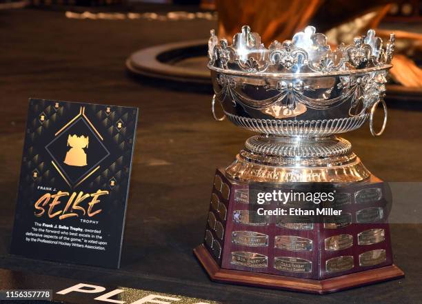 The Frank J. Selke Trophy is displayed at MGM Grand Hotel & Casino in advance of the 2019 NHL Awards on June 16, 2019 in Las Vegas. Nevada. The 2019...