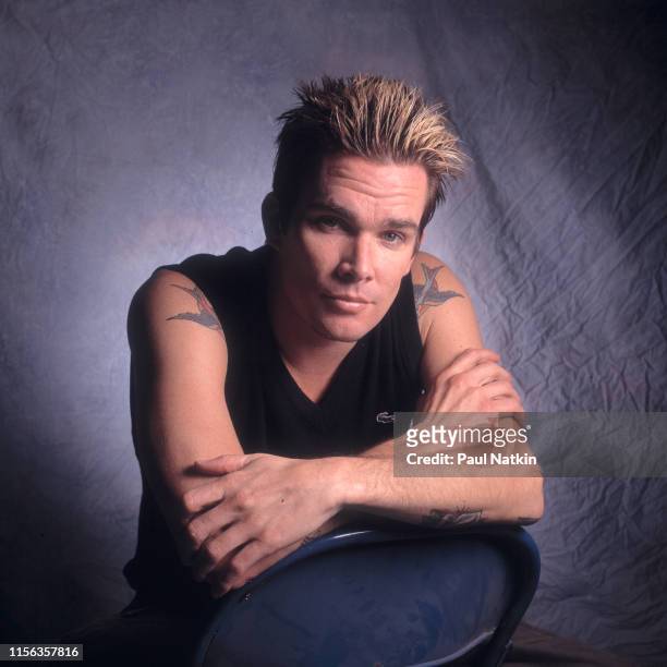 Portrait of American Pop and Rock musician Mark McGrath, of the group Sugar Ray, as he poses backstage at the Odeum, Villa Park, Illinois, September...
