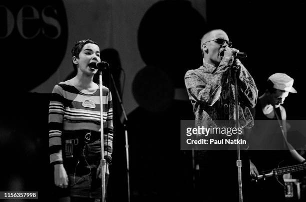 Icelandic Alternative Rock group the Sugarcubes perform onstage at the Poplar Creek Music Theater, Hoffman Estates, Illinois, June 28, 1989. Pictured...