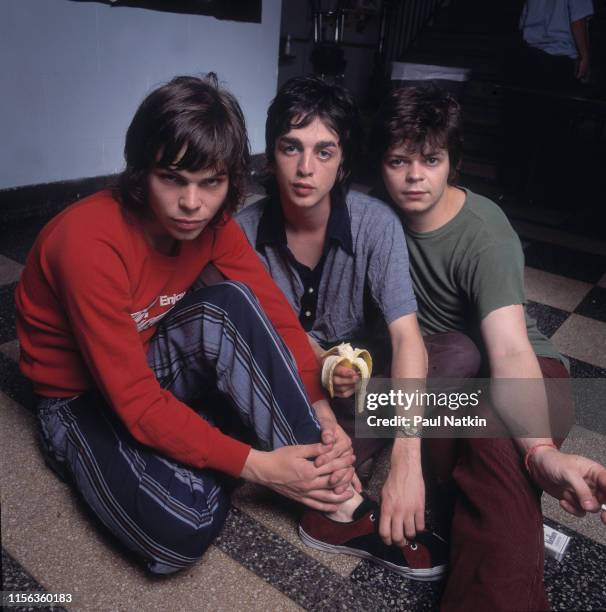 Portrait of English Alternative Rock group Supergrass as they pose backstage at the Metro, Chicago, Illinois, February 12, 1995. Pictured are, from...