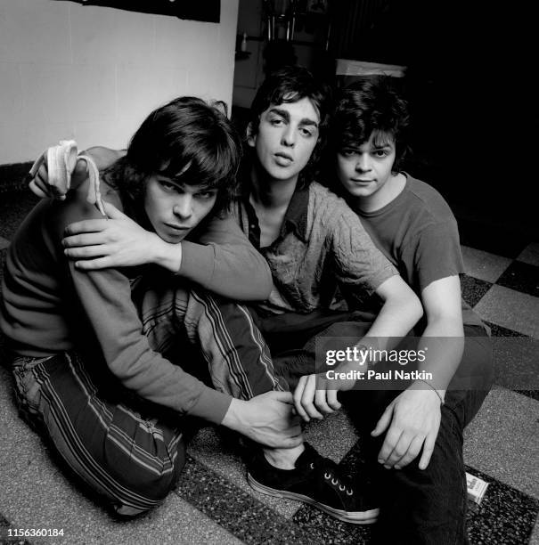 Portrait of English Alternative Rock group Supergrass as they pose backstage at the Metro, Chicago, Illinois, February 12, 1995. Pictured are, from...