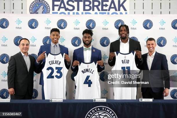 President of Basketball Operations Gersson Rosas, Jarrett Culver, Jaylen Nowell, Naz Reid, and Head Coach Ryan Saunders pose for a photo during the...