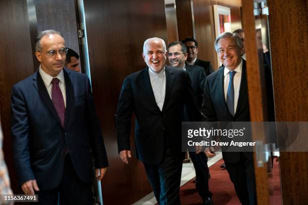 Mohammad Javad Zarif , the foreign minister of Iran, and UN Secretary-General Antonio Guterres arrive for a meeting at United Nations headquarters,...
